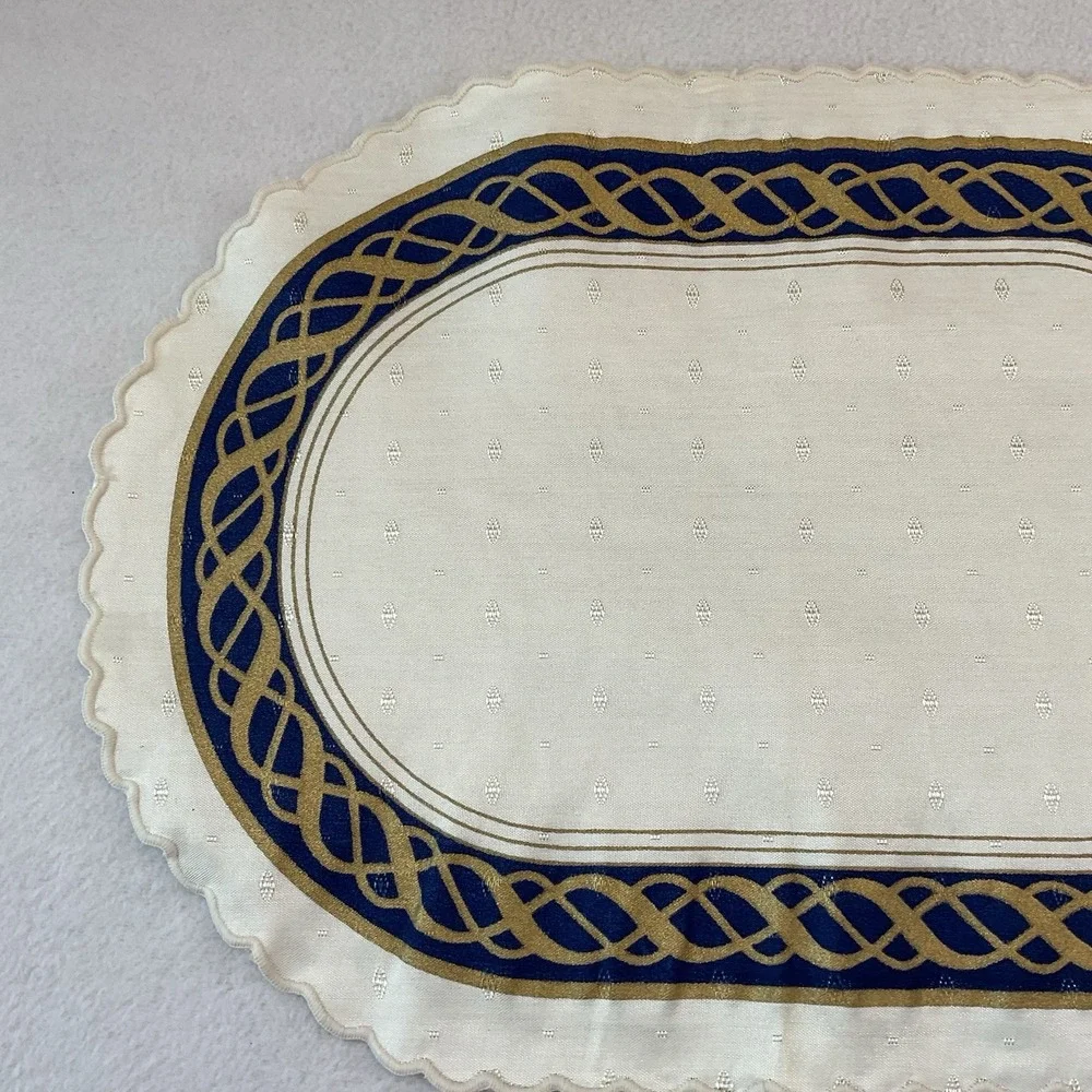 Lenox Hamilton Oval Placemats Cloth Set Of 2 Ivory Gold Navy Blue Vintage Lot #5